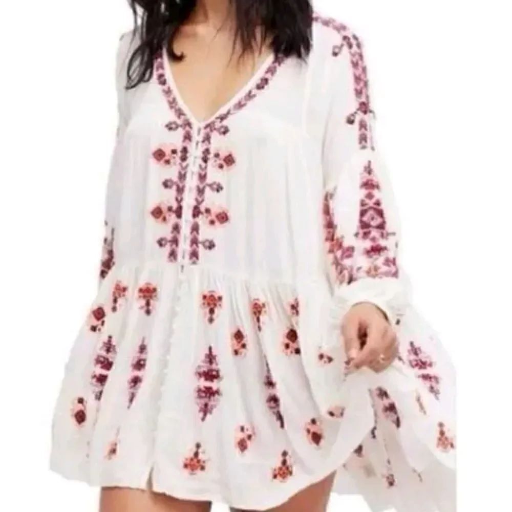 Free People Arianna White Red Embroidered Bohemian Tunic Mini Dress S - Picture 3 of 15